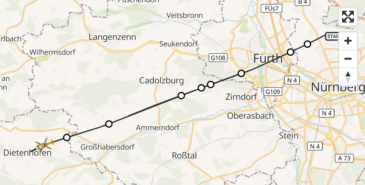 Flugroute Ambulanzhubschrauber Flughafen Nuremberg - Dietenhofen, 19 August 2026, 15:58