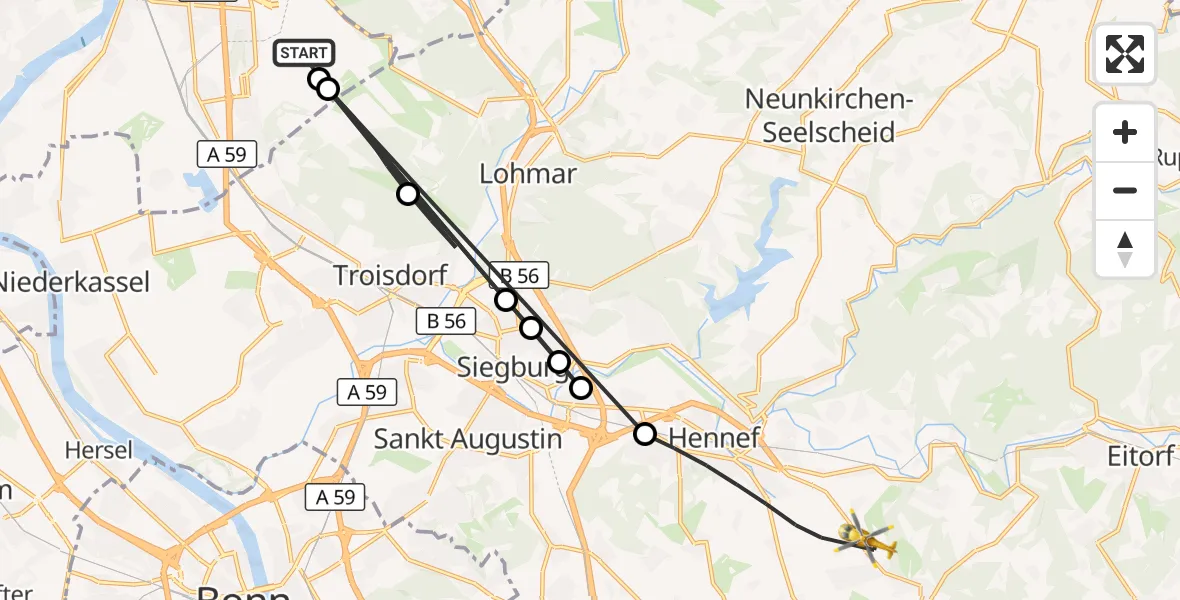 Flugroute Rettungshubschrauber Köln Bonn Flughafen - Hennef (Sieg), 19 August 2026, 15:59
