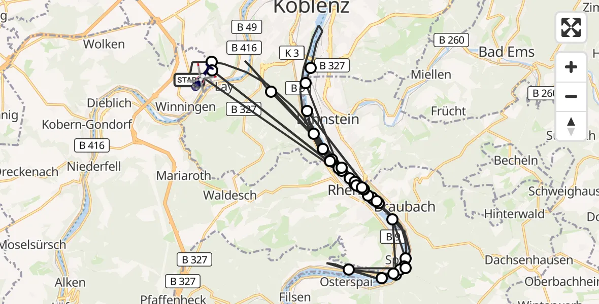 Flugroute Polizeihubschrauber Winningen - Koblenz-Winningen Flugplatz, 19 August 2026, 16:00