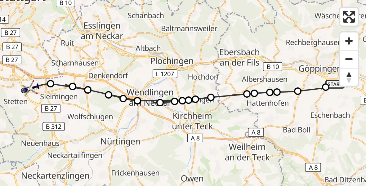 Flugroute Polizeihubschrauber Göppingen - Flughafen Stuttgart, 19 August 2026, 16:04