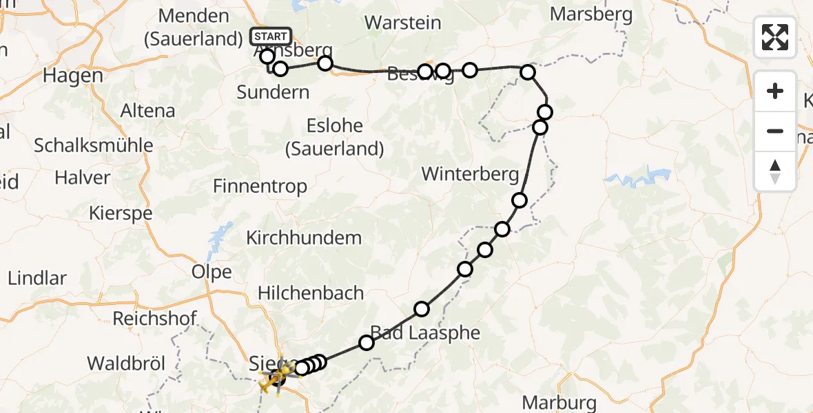 Flugroute Rettungshubschrauber Arnsberg - Evangelisches Jung-Stilling Hospital, 19 August 2026, 16:12