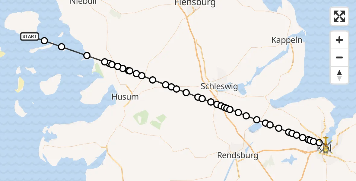 Flugroute Ambulanzhubschrauber Wyk auf Föhr - Kiel, 19 August 2026, 16:17
