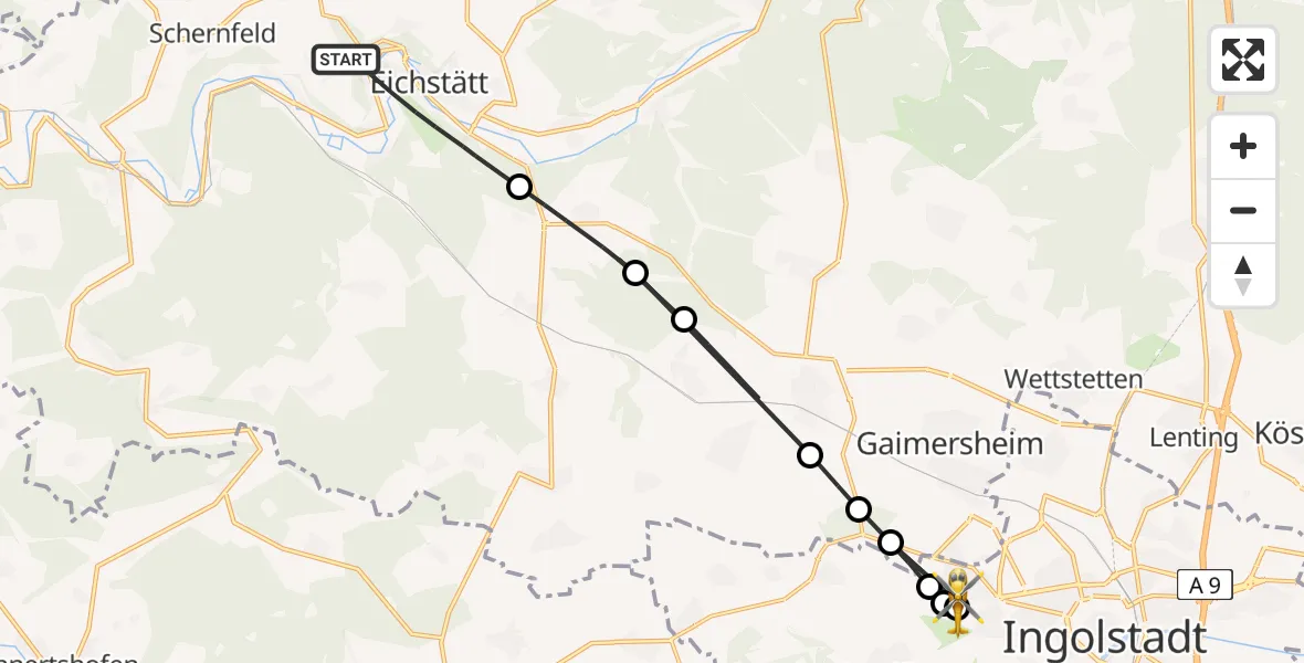 Flugroute Rettungshubschrauber Eichstätt - Ingolstadt Hospital, 19 August 2026, 16:20