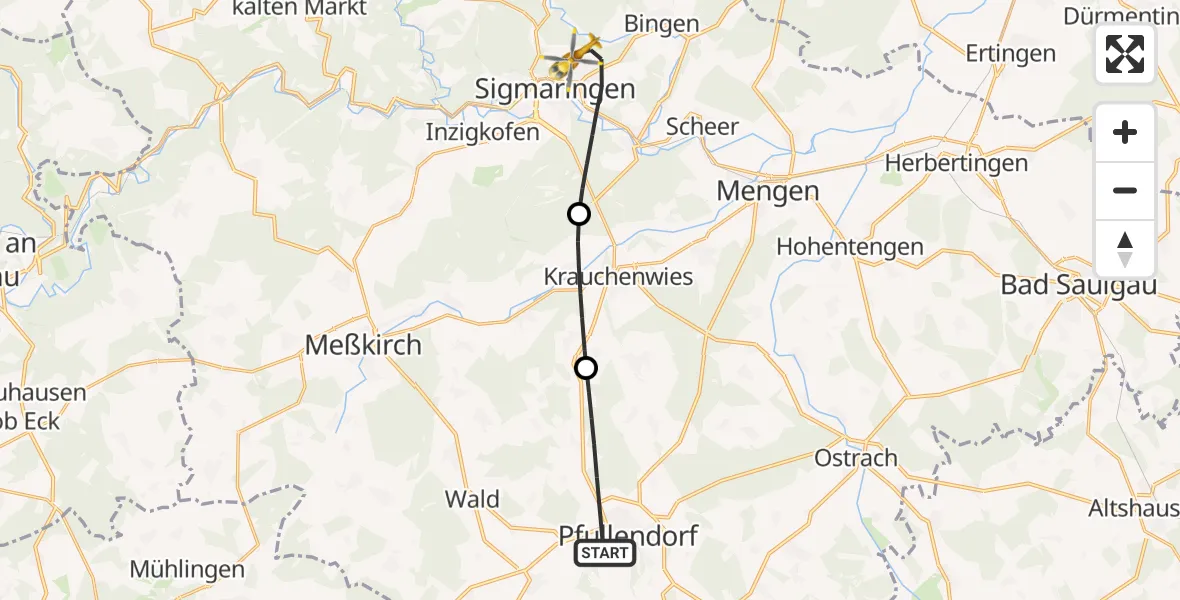 Flugroute Rettungshubschrauber Pfullendorf - Sigmaringen, 19 August 2026, 16:21