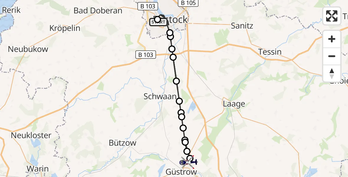 Flugroute Polizeihubschrauber Rostock University Hubschrauberlandeplatz - Güstrow, 19 August 2026, 16:22