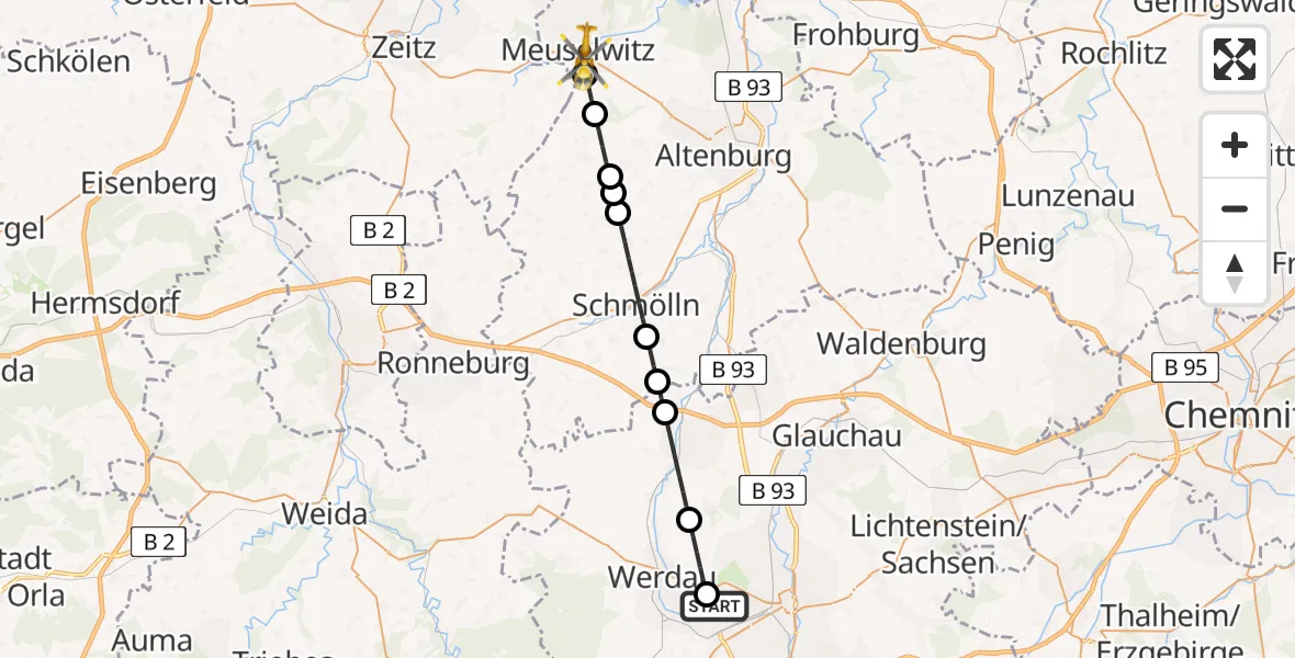 Flugroute Rettungshubschrauber ADAC Air Rescue Station Zwickau Hubschrauberlandeplatz - Meuselwitz, 19 August 2026, 16:25