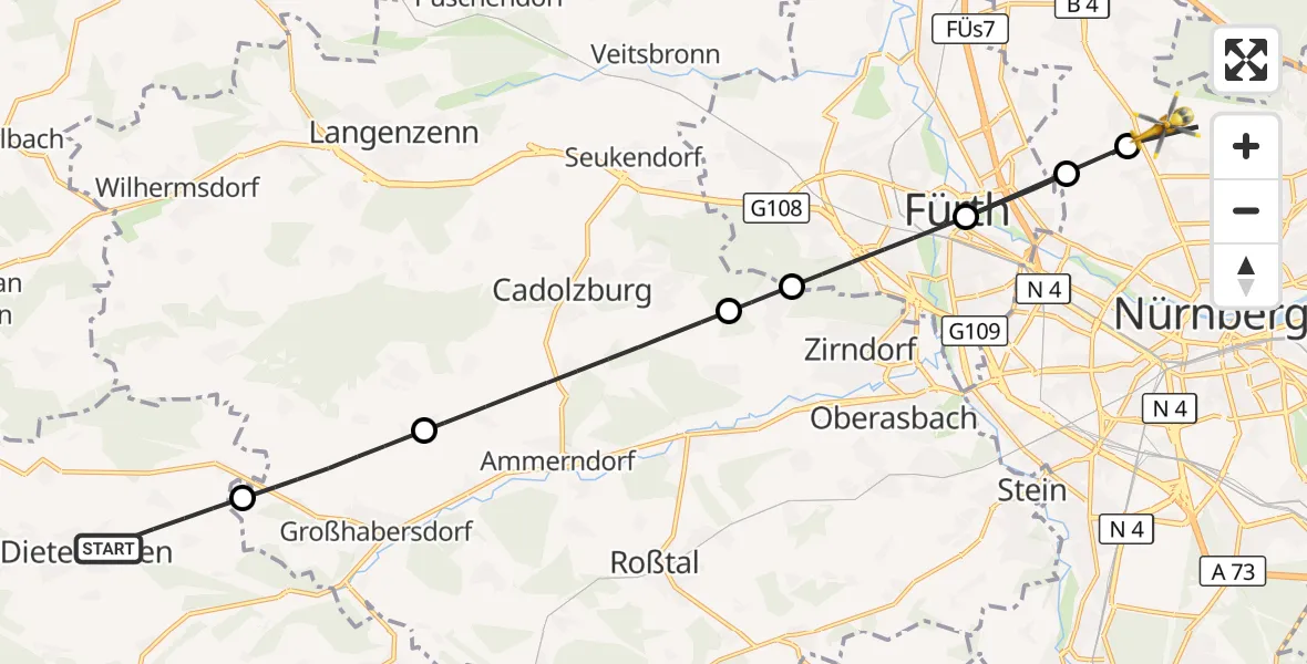 Flugroute Ambulanzhubschrauber Dietenhofen - Flughafen Nuremberg, 19 August 2026, 16:41