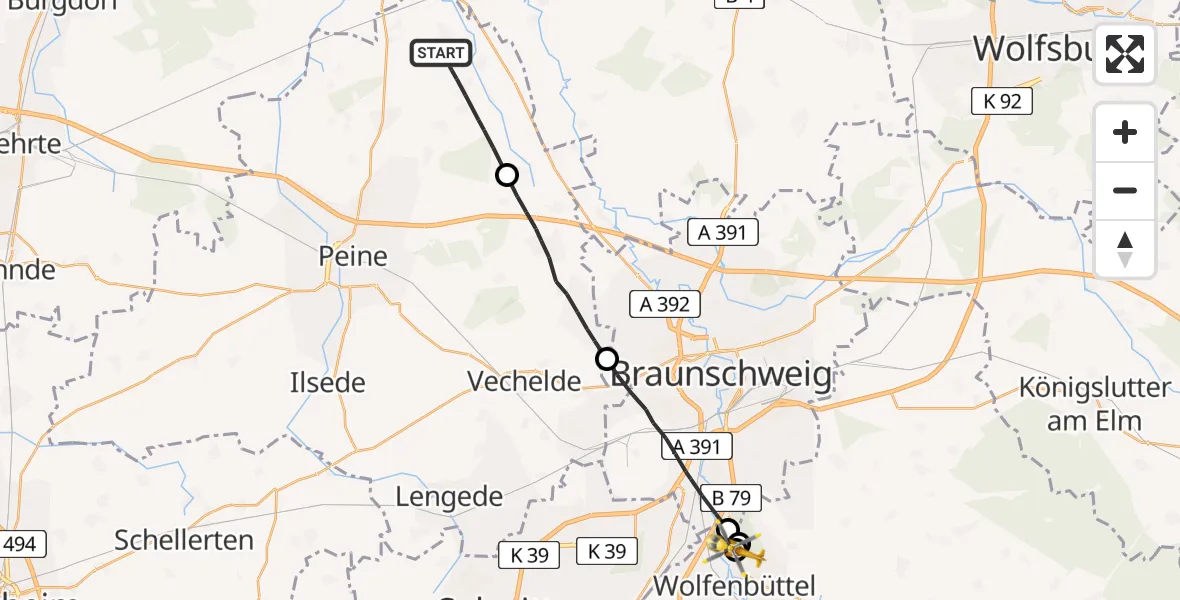 Flugroute Rettungshubschrauber Edemissen - Wolfenbüttel Municipal Hospital Heliport (Christoph 30), 19 August 2026, 16:42