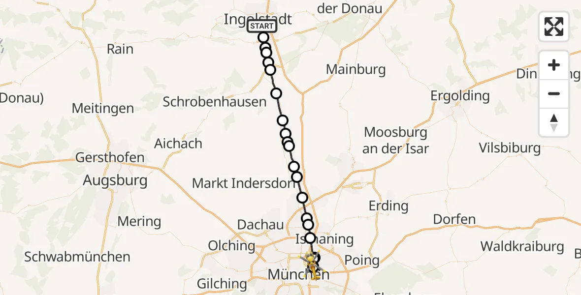 Flugroute Rettungshubschrauber Ingolstadt - München Bogenhausen Hospital, 19 August 2026, 16:47