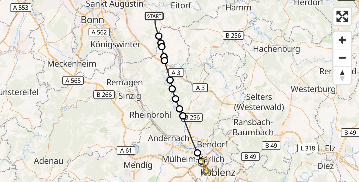 Flugroute Rettungshubschrauber Hennef (Sieg) - Koblenz, 19 August 2026, 16:49
