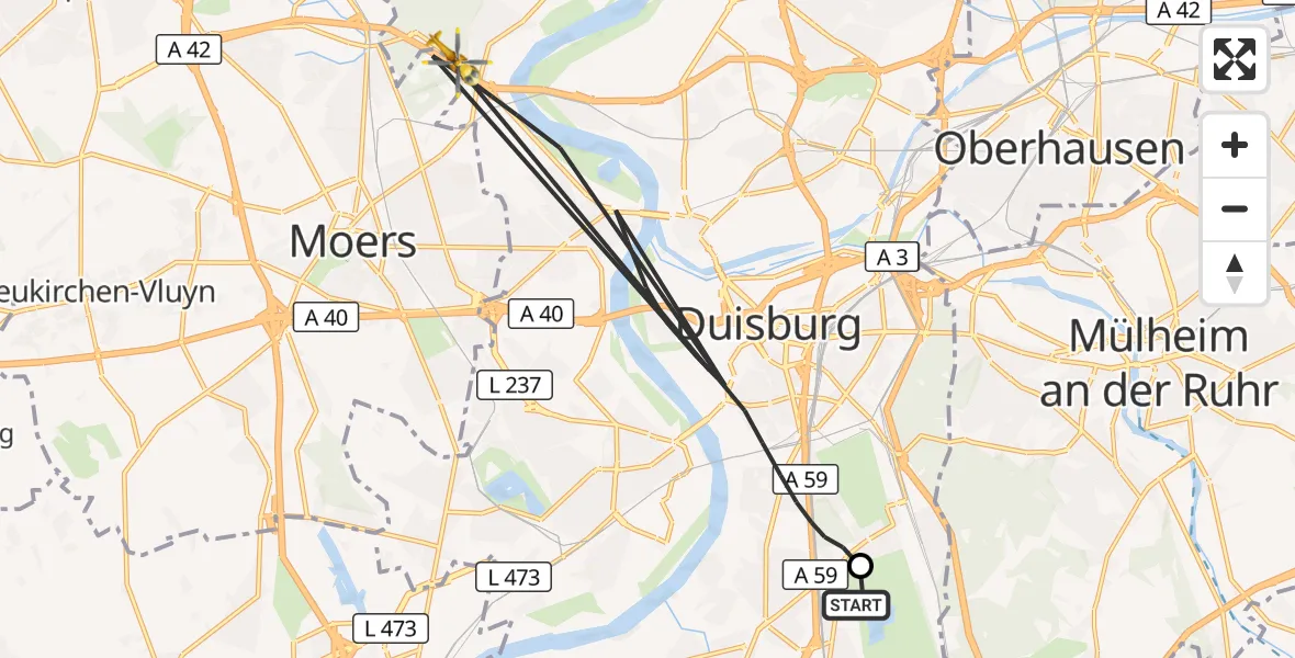 Flugroute Rettungshubschrauber Duisburg Air Rescue Hubschrauberlandeplatz (Christoph 9) - Duisburg, 19 August 2026, 16:49