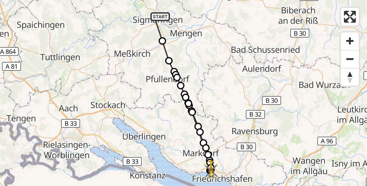 Flugroute Rettungshubschrauber Sigmaringen - Friedrichshafen, 19 August 2026, 16:49