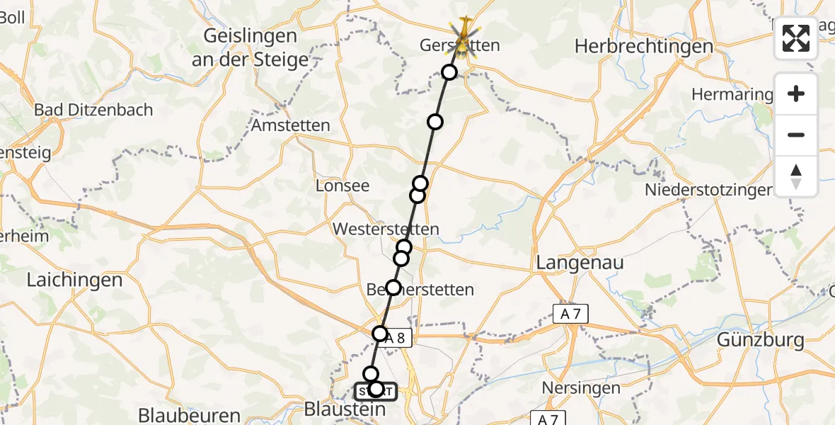 Flugroute Rettungshubschrauber Ulm Military Hospital Emergency - Gerstetten, 19 August 2026, 16:53