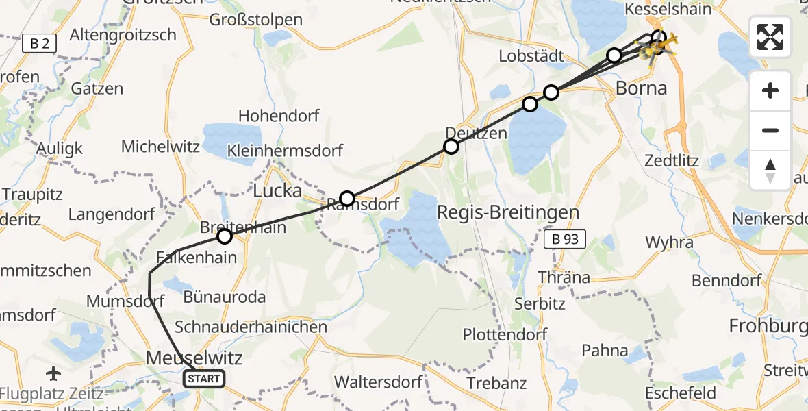 Flugroute Rettungshubschrauber Meuselwitz - Sana Hospital Borna, 19 August 2026, 16:56