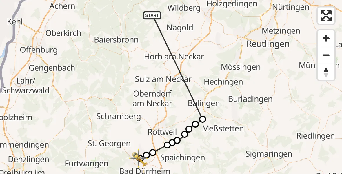 Flugroute Ambulanzhubschrauber Altensteig - DRF Air Rescue Station Villingen-Schwenningen Hubschrauberlandeplatz (Christoph 11), 19 August 2026, 16:56