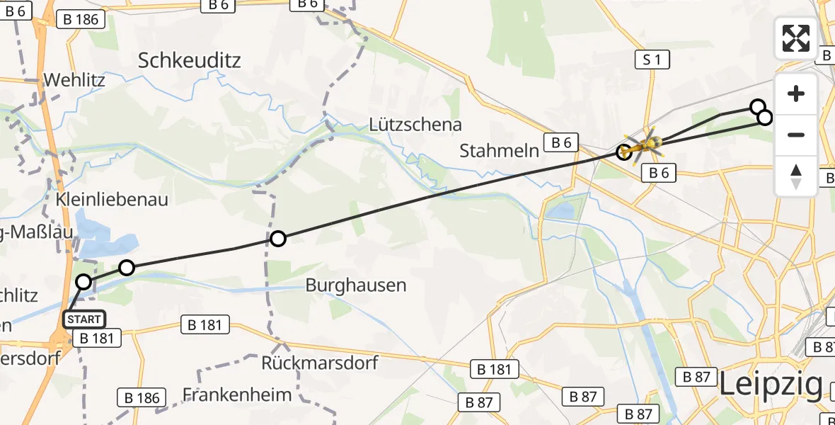 Flugroute Rettungshubschrauber ADAC Air Rescue Station Leipzig/Schkeuditz-Dölzig Hubschrauberlandeplatz (Christoph 61) - Leipzig, 19 August 2026, 17:03