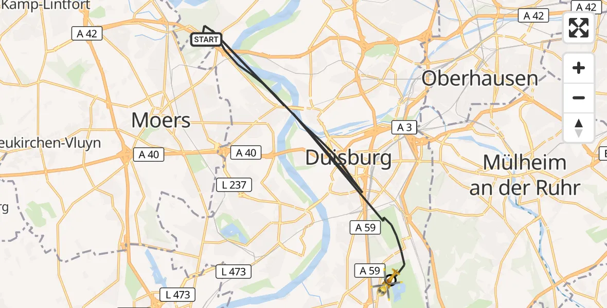 Flugroute Rettungshubschrauber Duisburg - Duisburg Air Rescue Hubschrauberlandeplatz (Christoph 9), 19 August 2026, 17:07