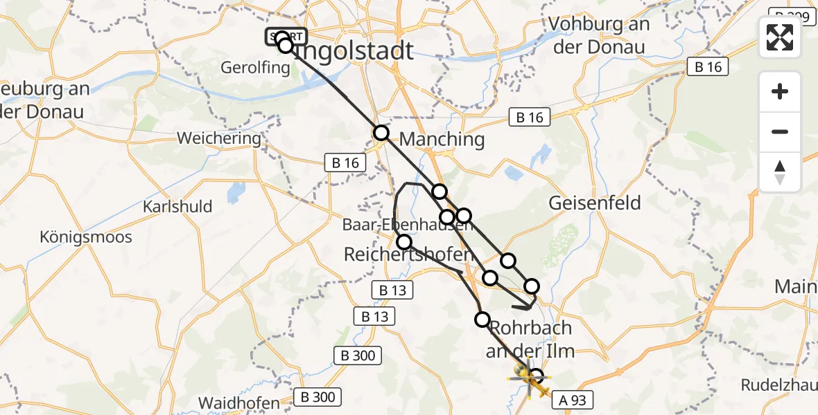 Flugroute Rettungshubschrauber Ingolstadt Hospital - Wolnzach, 19 August 2026, 17:07