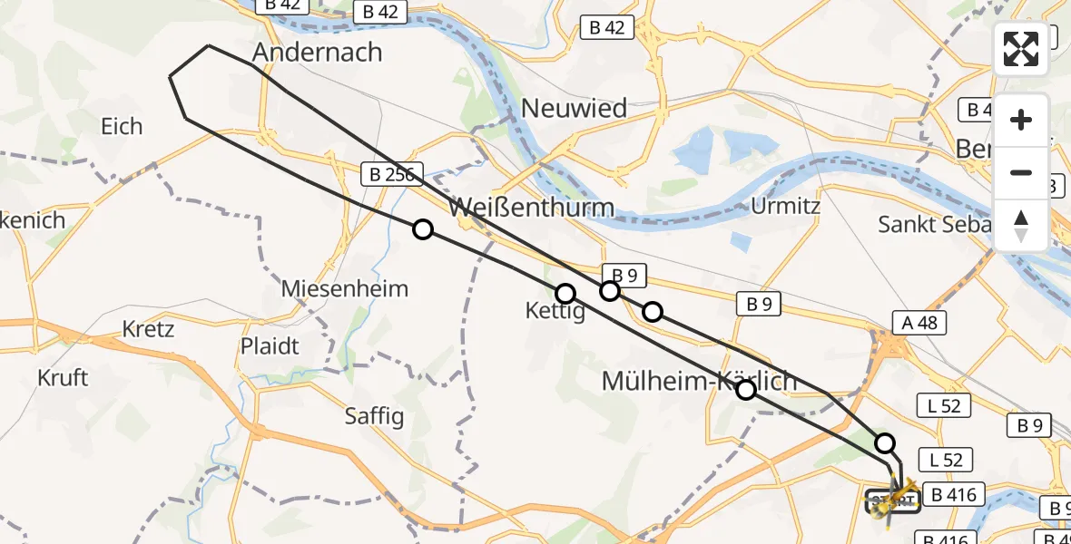 Flugroute Rettungshubschrauber Koblenz - Koblenz, 19 August 2026, 17:08