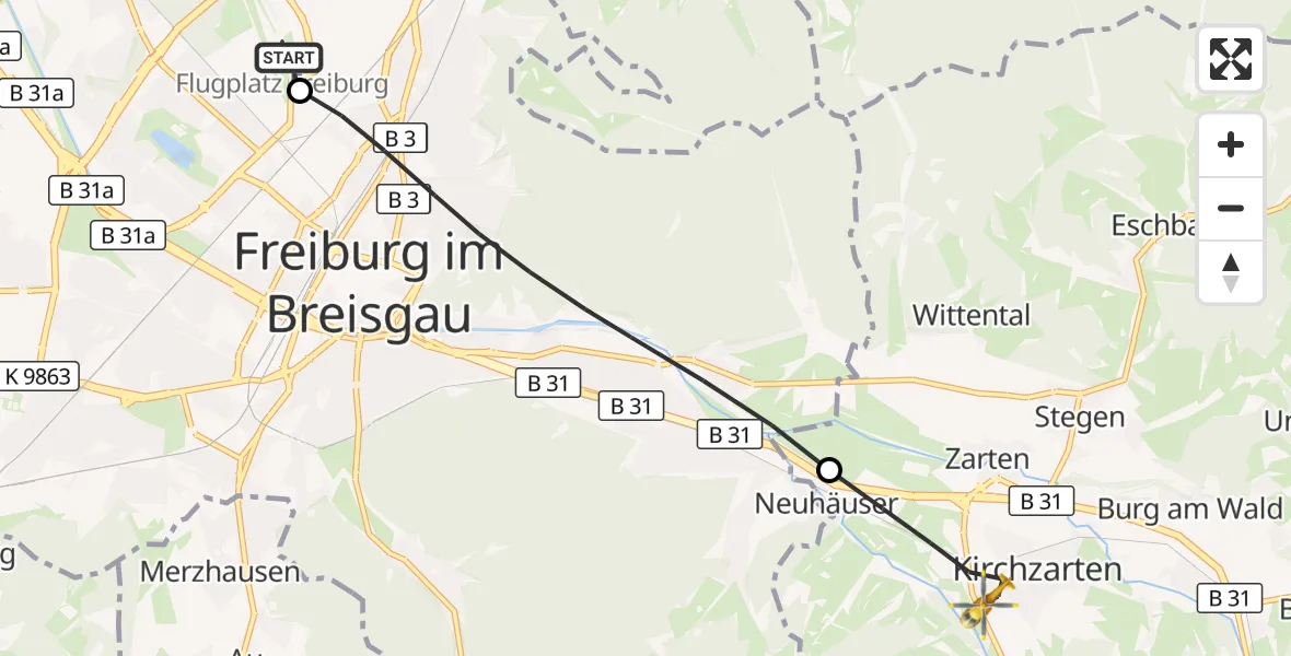Flugroute Ambulanzhubschrauber Freiburg im Breisgau Flugplatz - Kirchzarten, 19 August 2026, 17:18