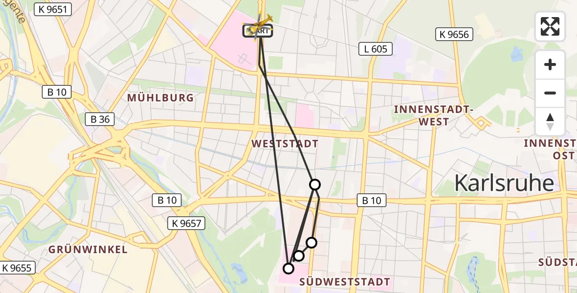 Flugroute Ambulanzhubschrauber Karlsruhe - Karlsruhe, 19 August 2026, 17:23