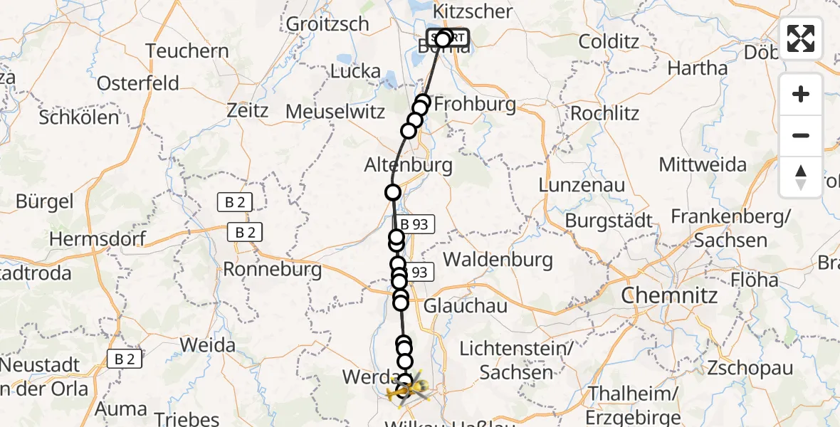 Flugroute Rettungshubschrauber Sana Hospital Borna - ADAC Air Rescue Station Zwickau Hubschrauberlandeplatz, 19 August 2026, 17:38