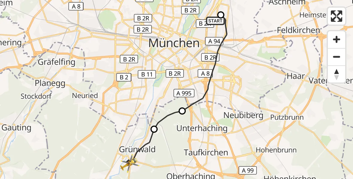 Flugroute Rettungshubschrauber München Bogenhausen Hospital - Grünwald, 19 August 2026, 17:42