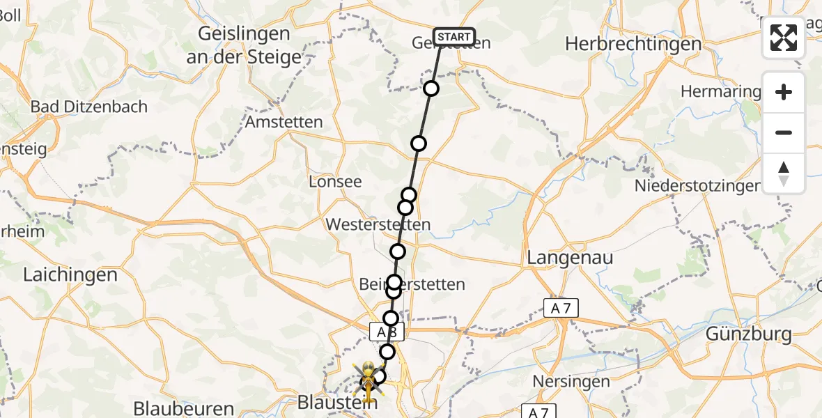 Flugroute Rettungshubschrauber Gerstetten - Ulm Military Hospital Emergency, 19 August 2026, 17:44