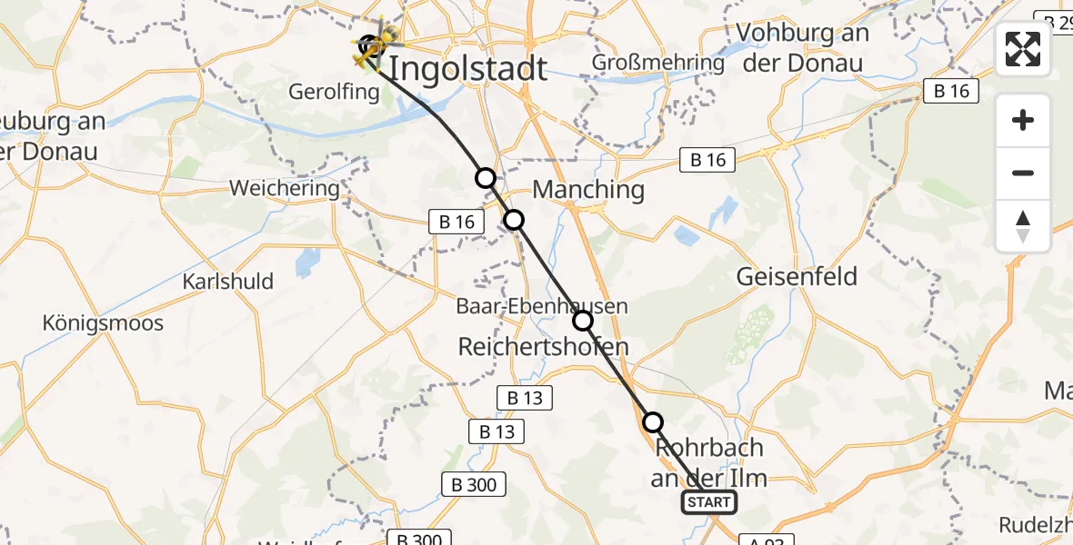 Flugroute Rettungshubschrauber Rohrbach - Ingolstadt Hospital, 19 August 2026, 17:47