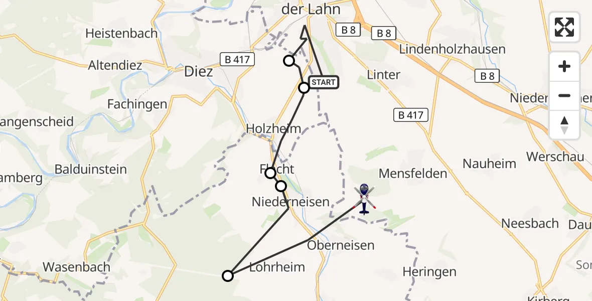 Flugroute Polizeihubschrauber Limburg a.d.Lahn - Hünfelden, 19 August 2026, 17:52