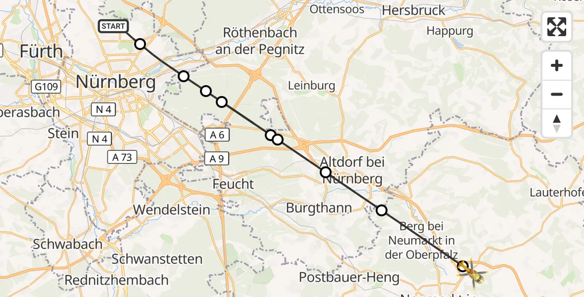 Flugroute Ambulanzhubschrauber Flughafen Nuremberg - Pilsach, 19 August 2026, 17:58