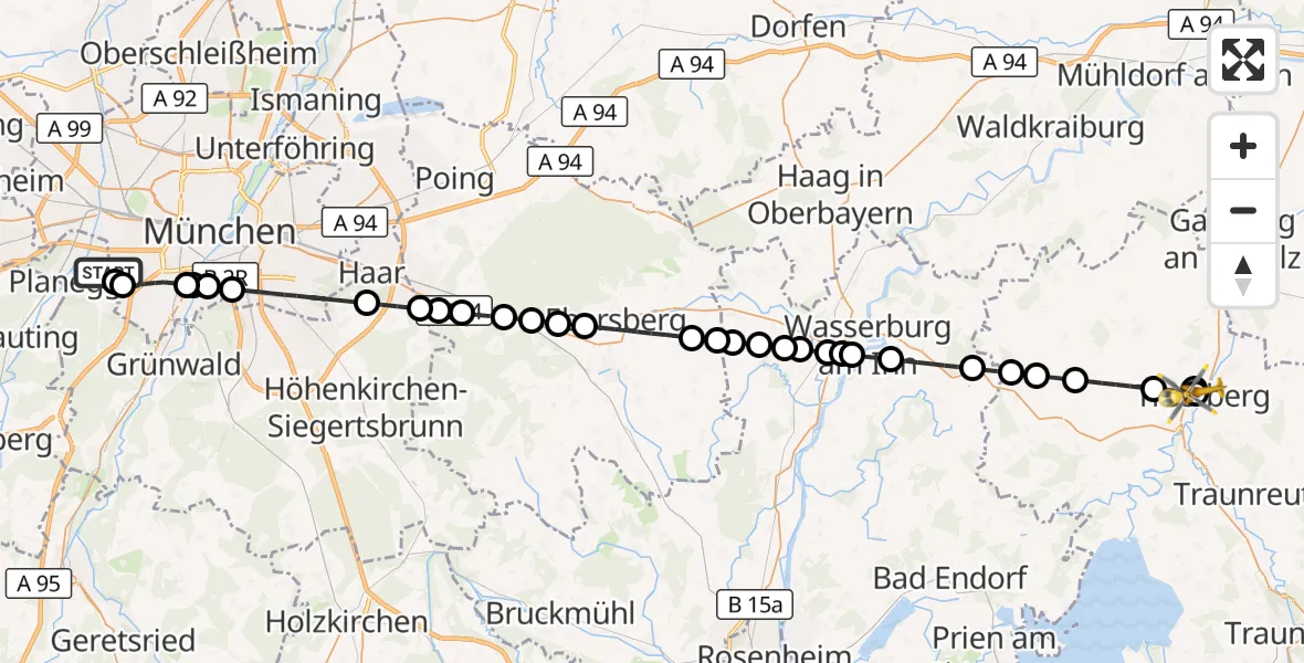 Flugroute Rettungshubschrauber DRF Air Rescue München Hubschrauberlandeplatz - Trostberg Hospital, 19 August 2026, 17:59