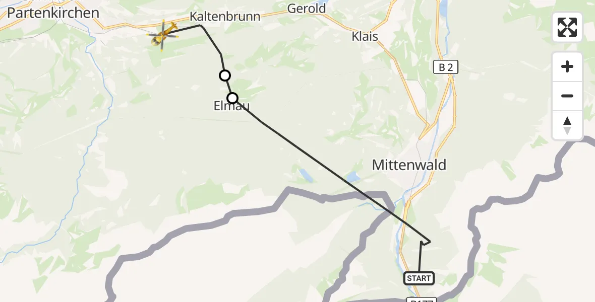 Flugroute Rettungshubschrauber Mittenwald - Garmisch-Partenkirchen, 19 August 2026, 17:59