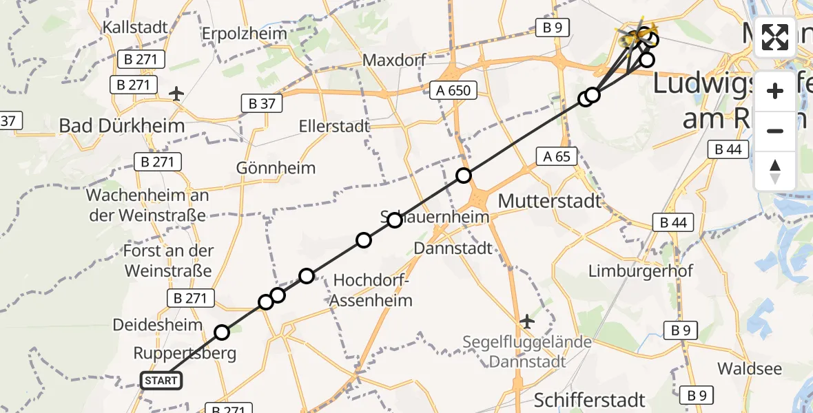 Flugroute Rettungshubschrauber Ruppertsberg - Ludwigshafen Accident Hospital Hubschrauberlandeplatz, 19 August 2026, 17:59