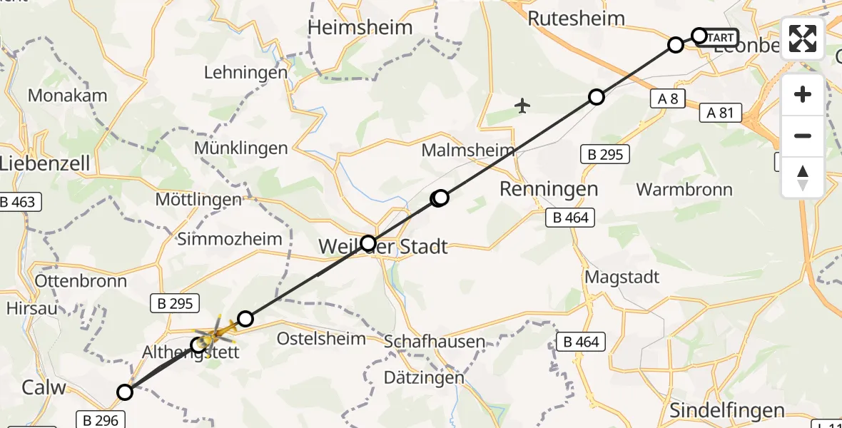 Flugroute Rettungshubschrauber Leonberg Hospital - Althengstett, 19 August 2026, 18:00