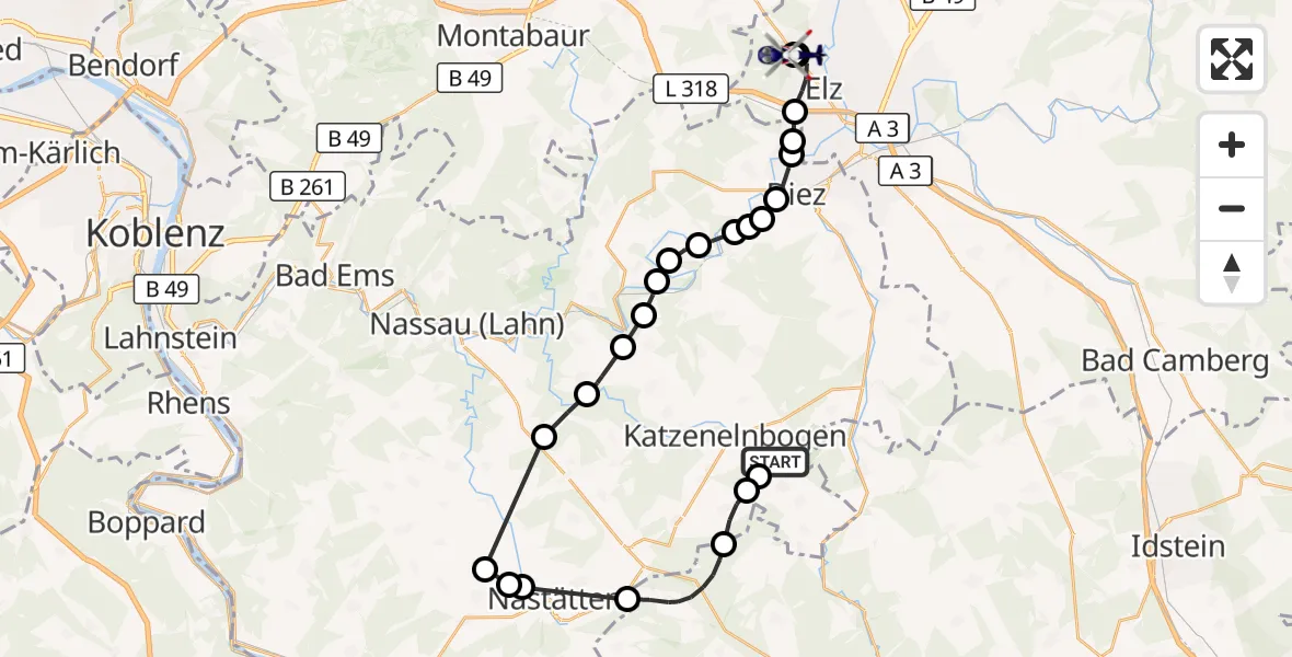 Flugroute Polizeihubschrauber Berghausen - Limburg-Elz Flugplatz, 19 August 2026, 18:00