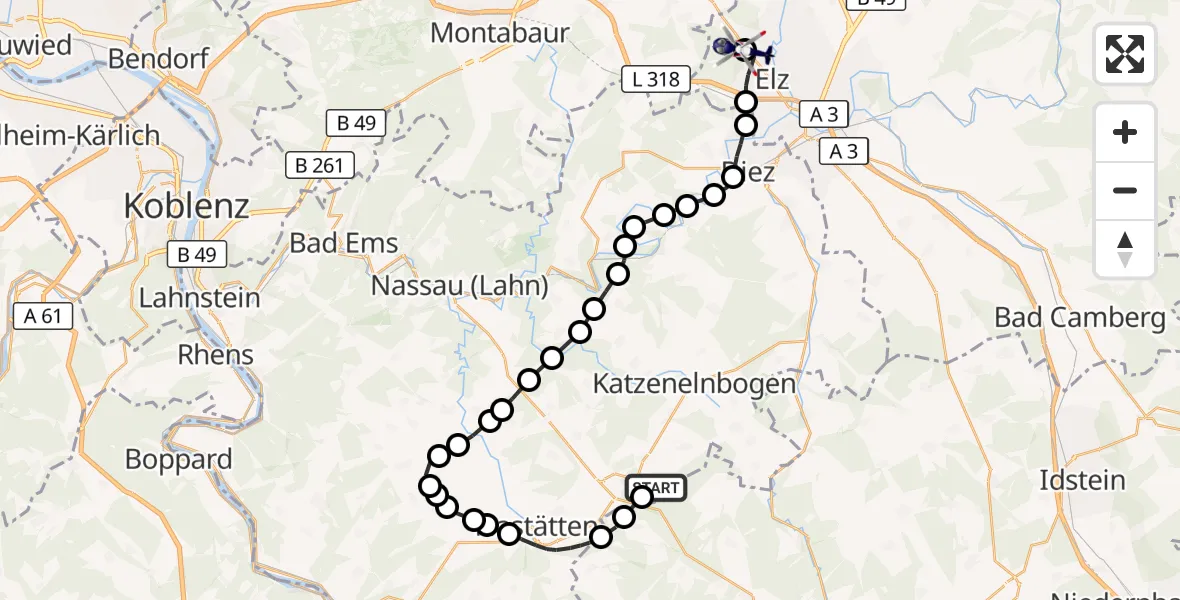 Flugroute Polizeihubschrauber Rettert - Limburg-Elz Flugplatz, 19 August 2026, 18:00