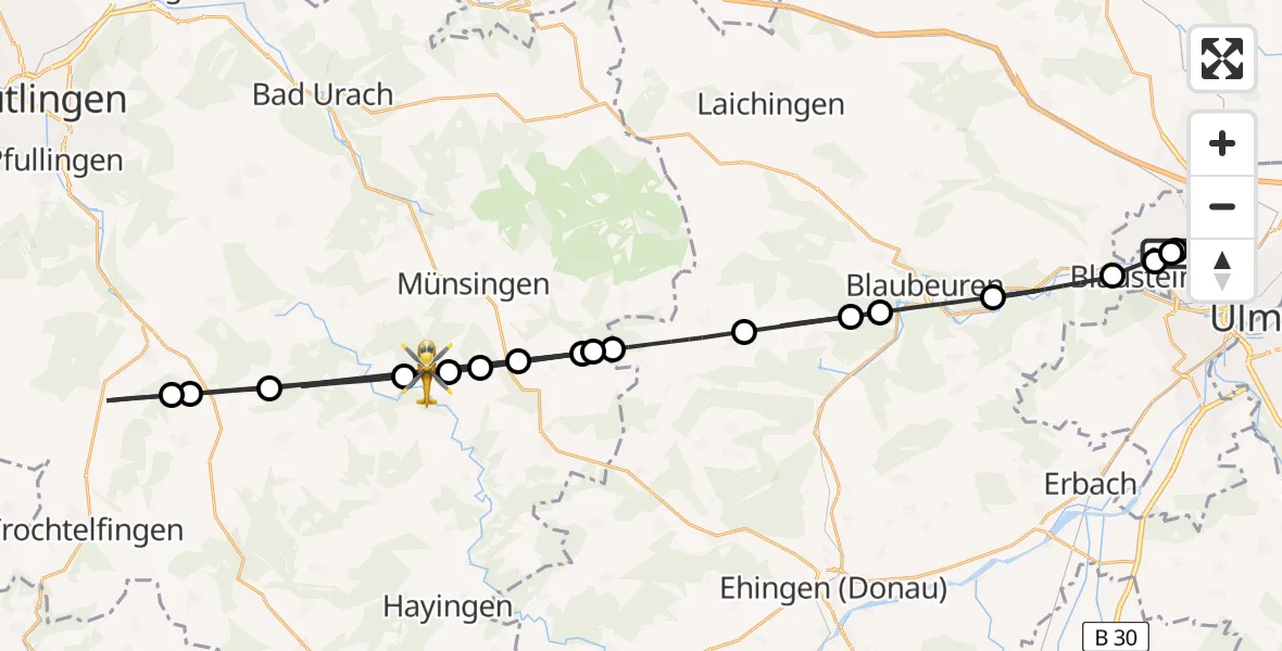 Flugroute Rettungshubschrauber Ulm Military Hospital Emergency - Münsingen, 19 August 2026, 18:13