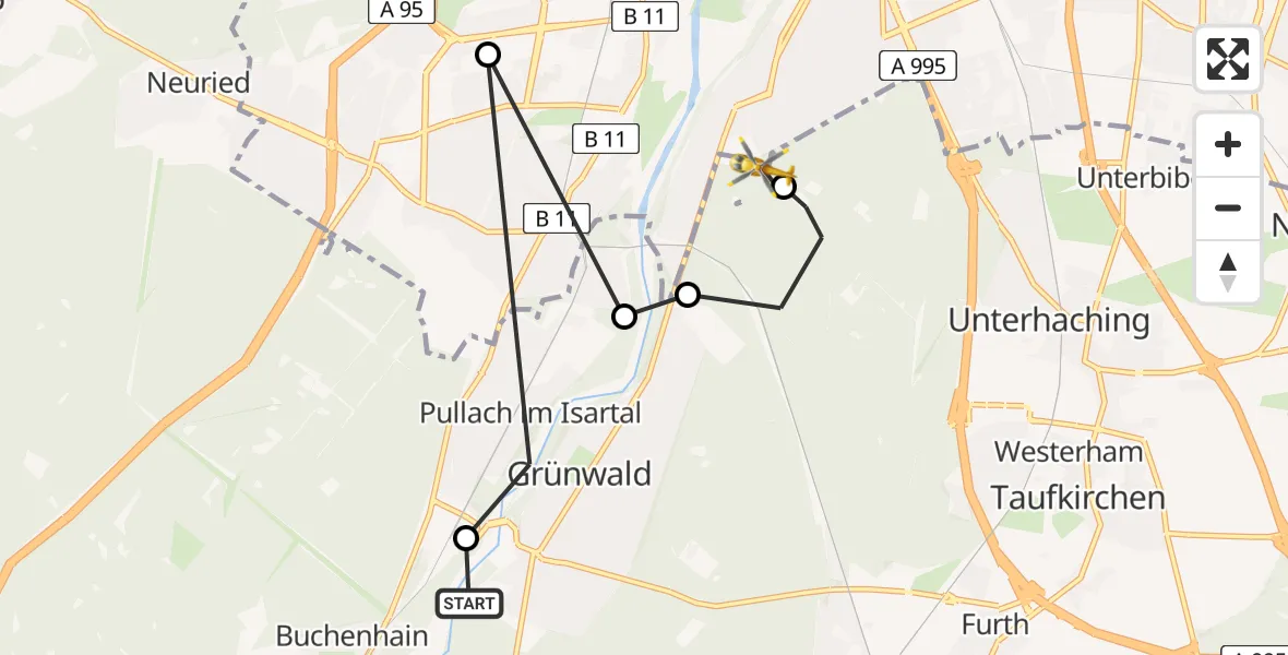 Flugroute Rettungshubschrauber Grünwalder Forst - ADAC Air Rescue Center Hubschrauberlandeplatz (Christoph 1), 19 August 2026, 18:18