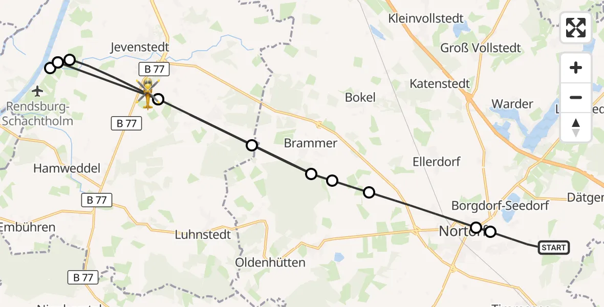 Flugroute Ambulanzhubschrauber Schülp b.Nortorf - Jevenstedt, 19 August 2026, 18:19
