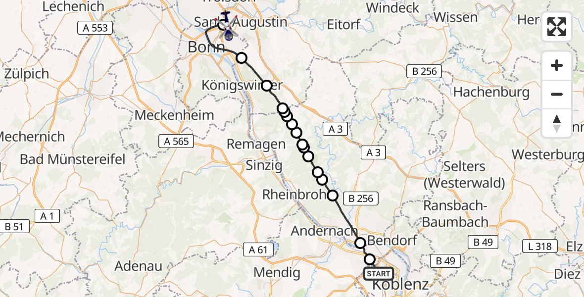 Flugroute Polizeihubschrauber Koblenz - Sankt Augustin, 19 August 2026, 18:25