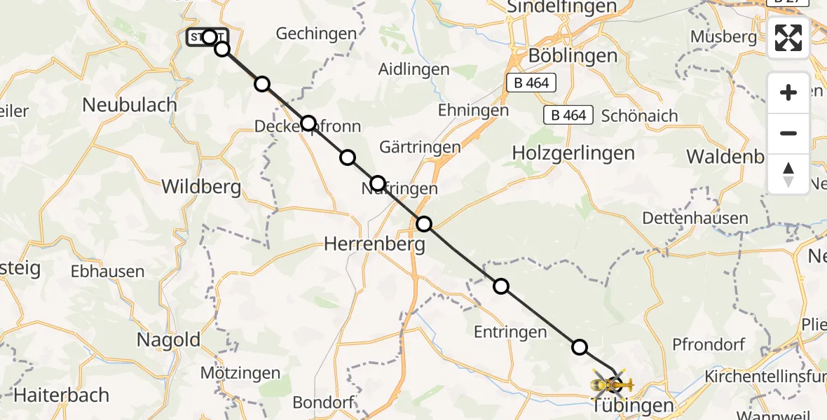 Flugroute Rettungshubschrauber Calw - Tübingen University Hospital, 19 August 2026, 18:28