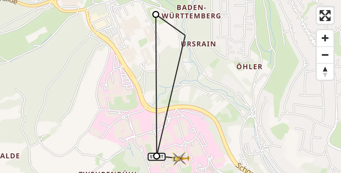 Flugroute Rettungshubschrauber Tübingen University Hospital - Tübingen University Hospital, 19 August 2026, 18:37