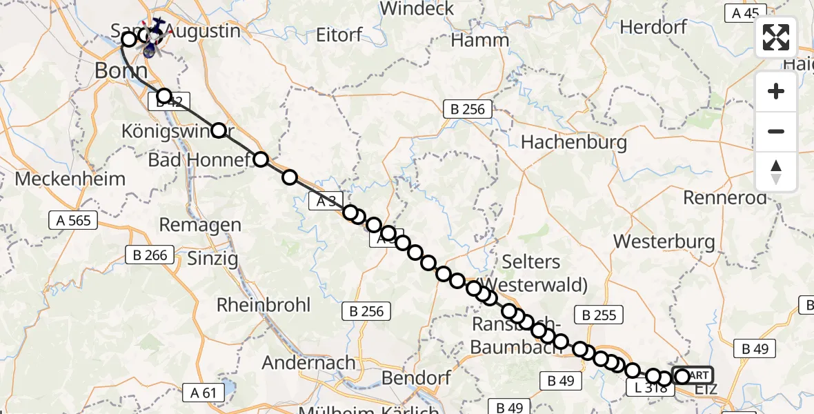 Flugroute Polizeihubschrauber Limburg-Elz Flugplatz - Sankt Augustin, 19 August 2026, 18:40