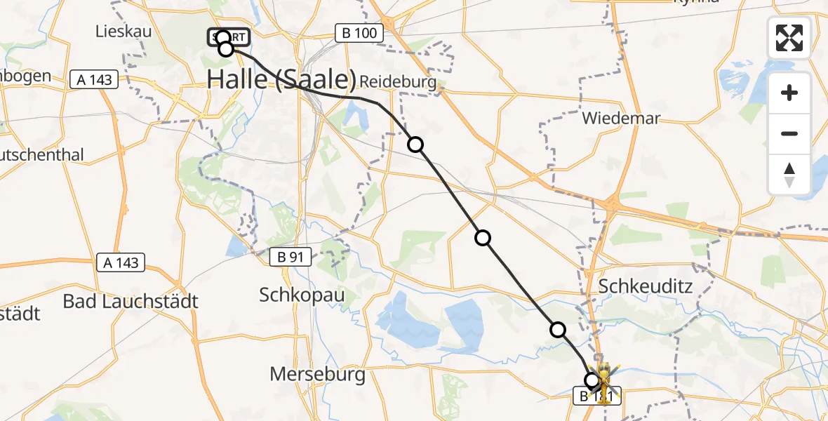 Flugroute Rettungshubschrauber Halle (Saale) University Hospital - ADAC Air Rescue Station Leipzig/Schkeuditz-Dölzig Hubschrauberlandeplatz (Christoph 61), 19 August 2026, 18:43