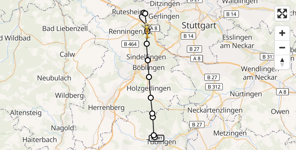 Flugroute Rettungshubschrauber Tübingen University Hospital - Leonberg, 19 August 2026, 18:50