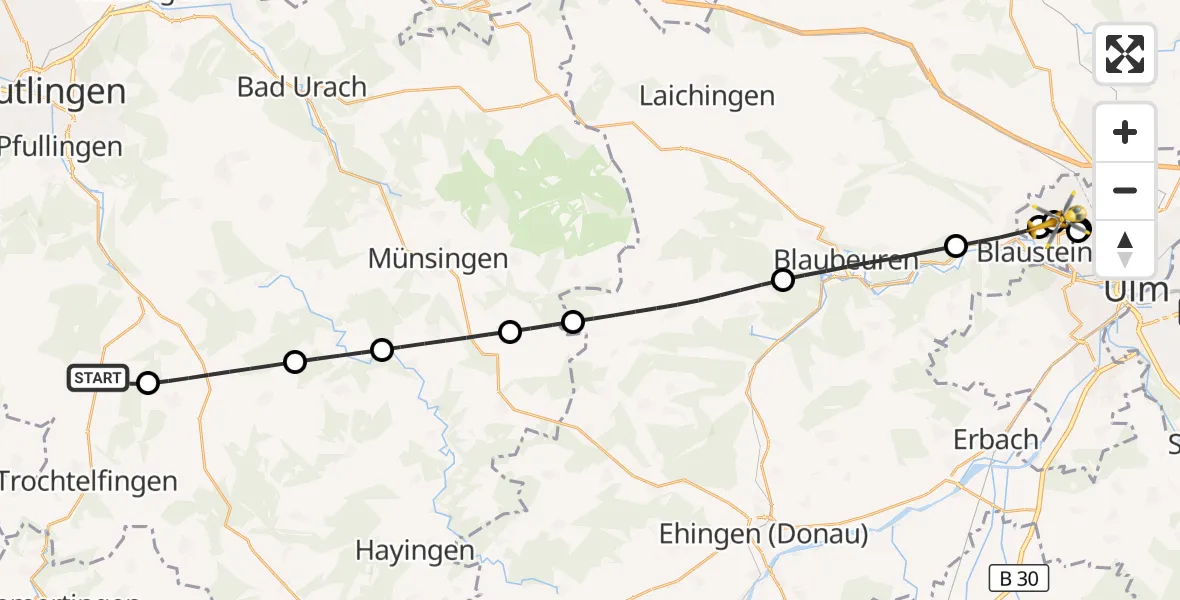Flugroute Rettungshubschrauber Trochtelfingen - Ulm, 19 August 2026, 18:54
