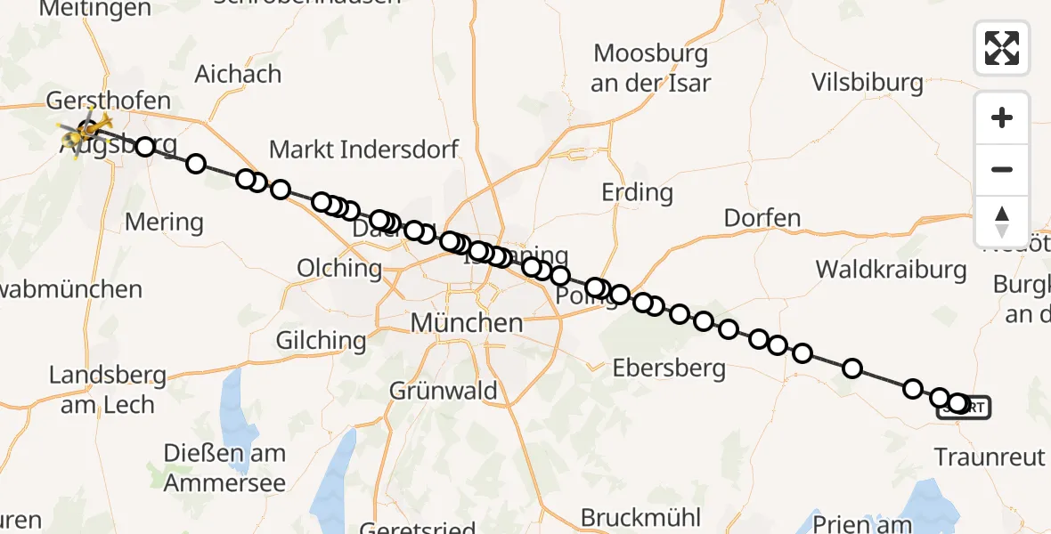 Flugroute Rettungshubschrauber Trostberg Hospital - Augsburg University Hospital, 19 August 2026, 18:57