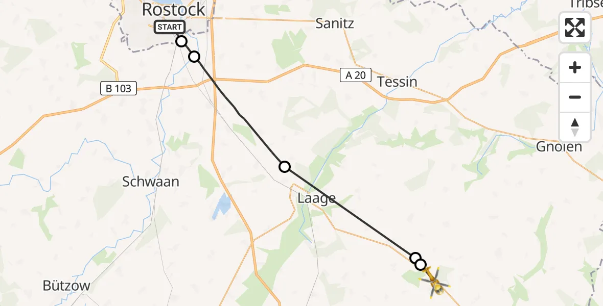 Flugroute Rettungshubschrauber Rostock - Warnkenhagen, 19 August 2026, 19:18