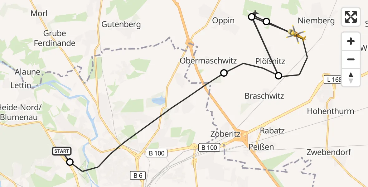Flugroute Rettungshubschrauber Halle (Saale) University Hospital - Landsberg, 19 August 2026, 19:19